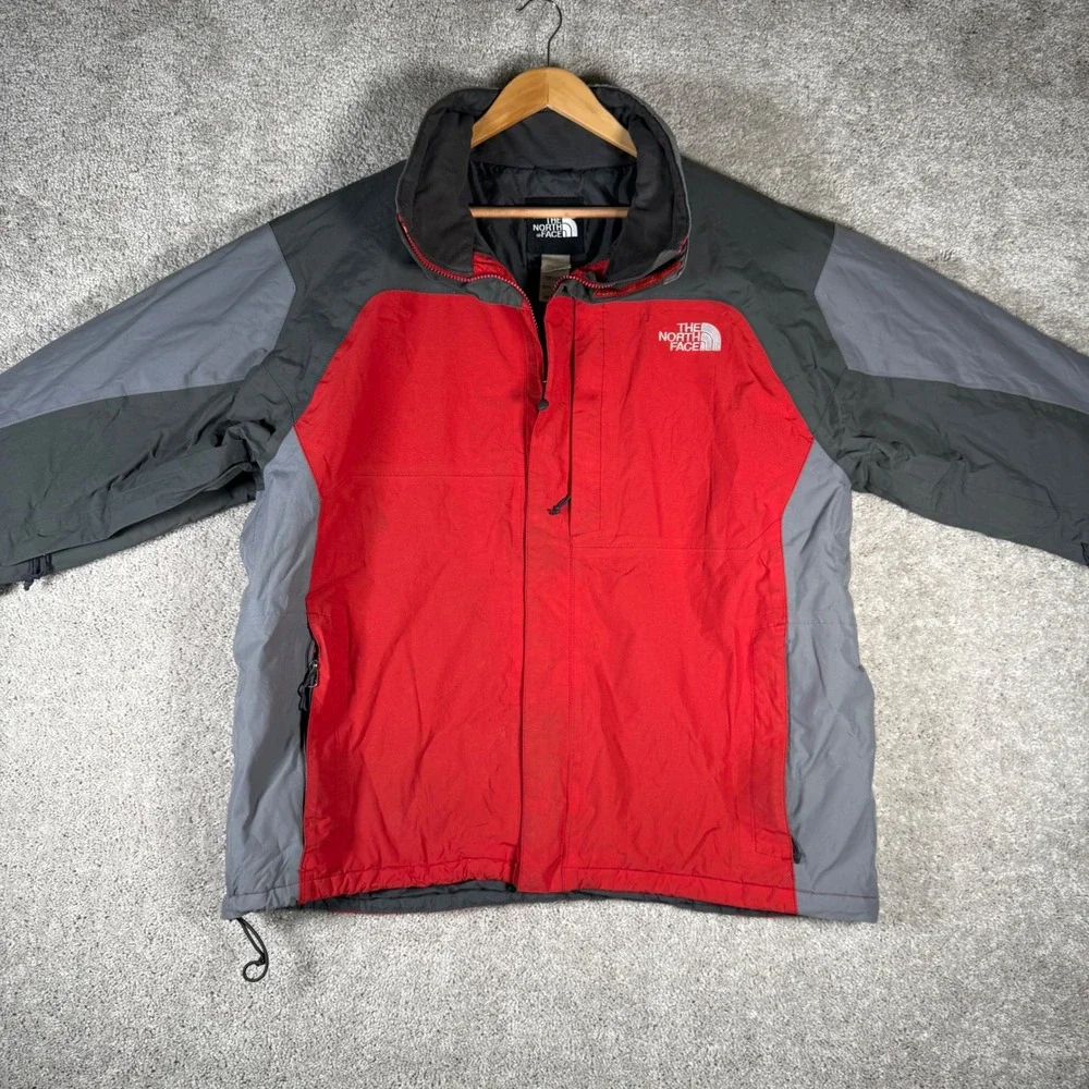The North Face HyVent Jacket Mens XL Red Grey Zip Hooded Rain Shell Coat READ